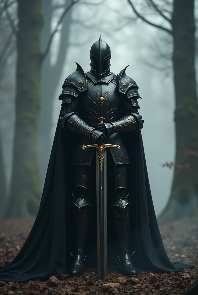 Black Knight,Knight in black armor,Stab the two-handed sword into the ground,Hold the hilt of the sword with both hands,Black cape,Super Armor,Gold lines,Night Forest,FOG,Cloak fluttering in the wind,(Wear a black robe over the armor)