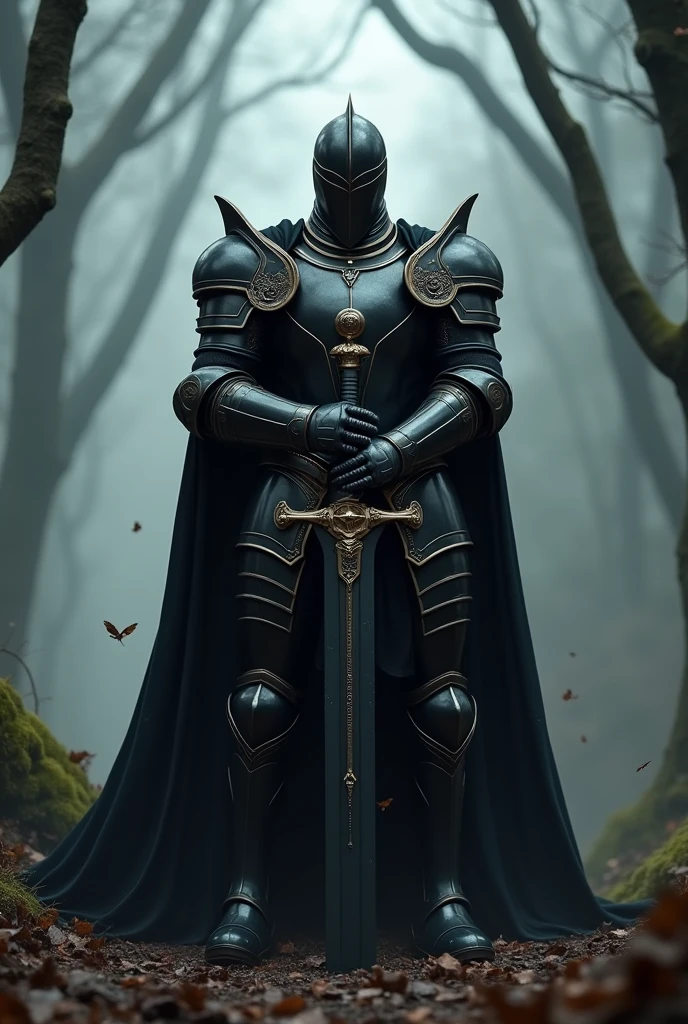 Black Knight,Knight in black armor,Stab the two-handed sword into the ground,Hold the hilt of the sword with both hands,Black cape,Super Armor,Gold lines,Night Forest,FOG,Cloak fluttering in the wind,(Wear a black robe over the armor)