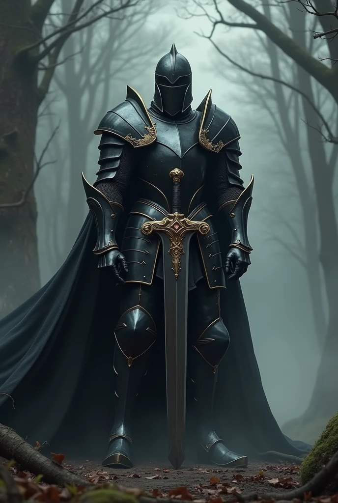 Black Knight,Knight in black armor,Stab the two-handed sword into the ground,Hold the hilt of the sword with both hands,Black cape,Super Armor,Gold lines,Night Forest,FOG,Cloak fluttering in the wind,(Wear a black robe over the armor)