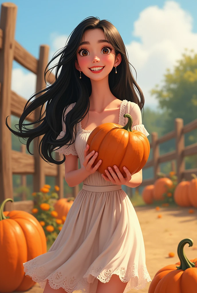 A 25-year-old girl,Black long hair,White floral dress,In the spacious farmyard,Background is fence,(((dishonesty)))Holding one(((Long pumpkin))),Long pumpkin,Happy smile,Grin,Show your teeth,Pixar style,Anime style