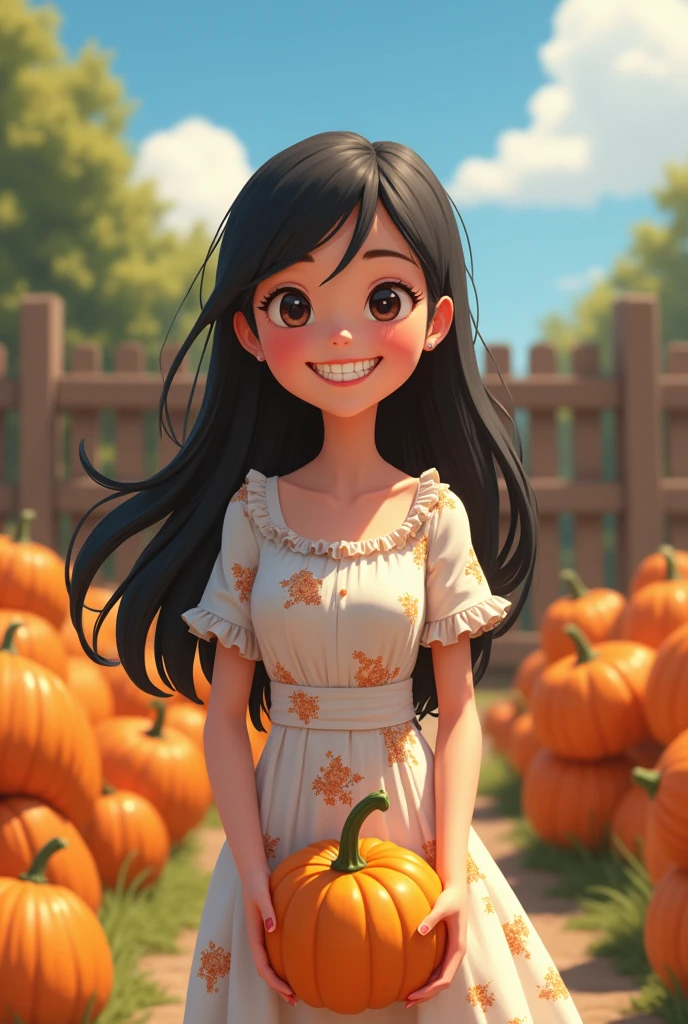 A 25-year-old girl,Black long hair,White floral dress,In the spacious farmyard,Background is fence,(((dishonesty)))Holding one(((Long pumpkin))),Long pumpkin,Happy smile,Grin,Show your teeth,Pixar style,Anime style