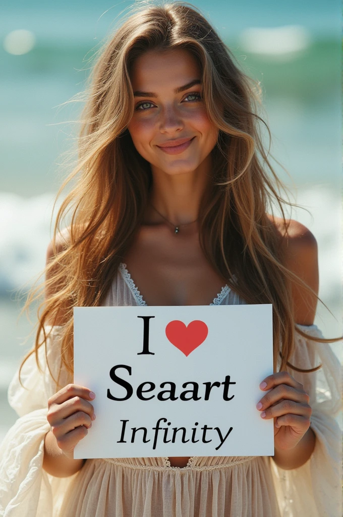 Beautiful girl with wavy long hair, bohemian dress, holding a white board with text "I Love Seaart Infinity" and showing it to the viewer