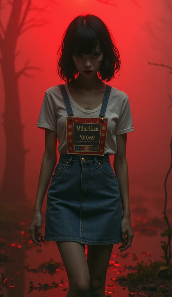 woman, bib "VICTIM 0069 DO NOT RESCUE", denim skirt, stockings,  t-shirt, stuck in mud bog,pale ethnic patterns ritual makeup, cold, red lips, sexy posing, bob haircut, red fog, posing, dynamic, sexy despair