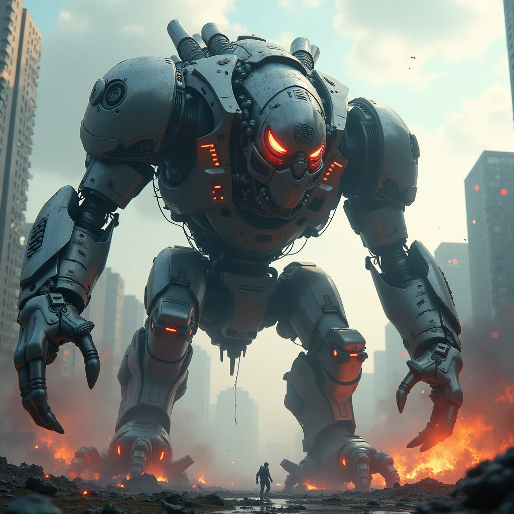 A gigantic, wild, mechanical beast rampaging through a futuristic city, crushing everything in its path. Its metallic body bristles with weapons, and its eyes glow with a feral, red light. The cityscape is in chaos, with fires and destruction everywhere. (masterpiece, ultra detailed, 8K, high resolution, cinematic lighting, photorealistic, dynamic pose)