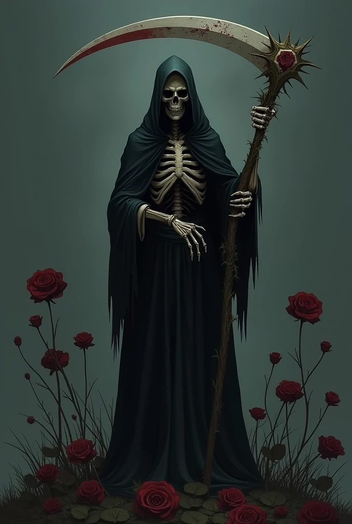 The Grim Reaper holds a scythe,Gloomy eyes, Heqiang,Wilted roses,Withered Death,Simple,Abstract,Gothic,dark,Undead Bloodborne Art