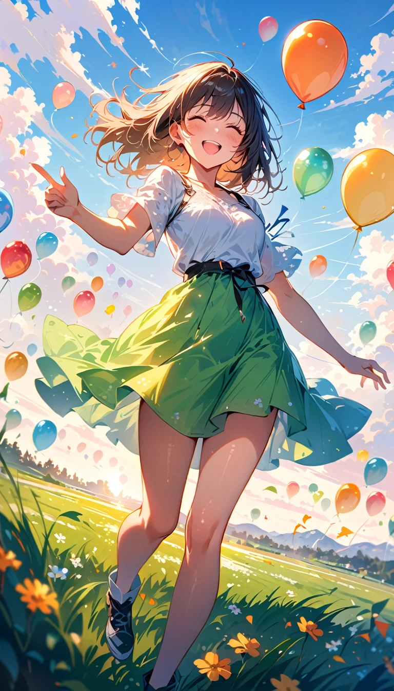 green field, cloud, girl, lots of balloons, happy, perfect quality, (masterpiece: 1.2) (realistic: 1.2) (bokeh) (best quality) (sensitive skin: 1.3) (intricate details) (8k) (Detail Eyes) (clear focus),