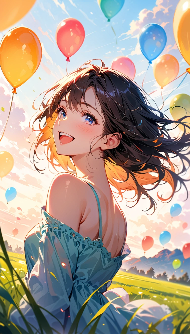 green field, cloud, girl, lots of balloons, happy, perfect quality, (masterpiece: 1.2) (realistic: 1.2) (bokeh) (best quality) (sensitive skin: 1.3) (intricate details) (8k) (Detail Eyes) (clear focus),