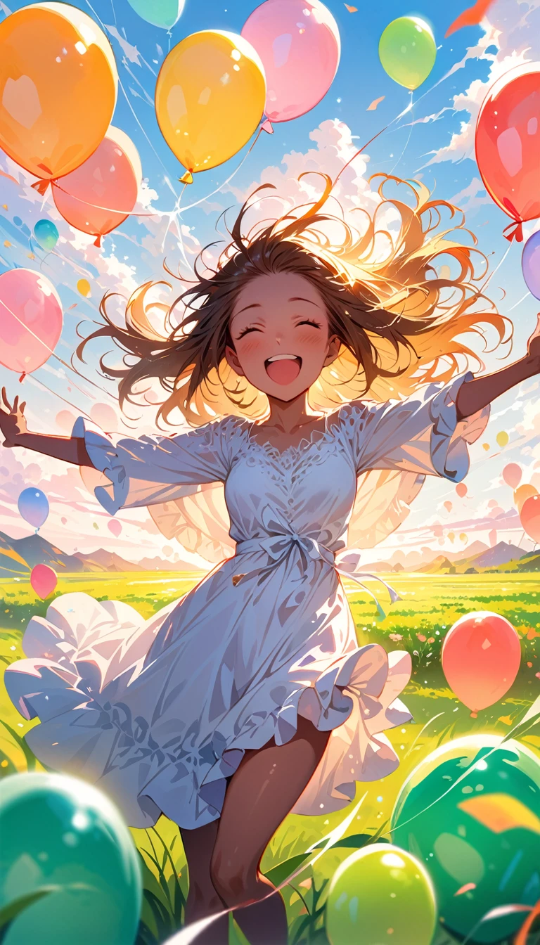 green field, cloud, girl, lots of balloons, happy, perfect quality, (masterpiece: 1.2) (realistic: 1.2) (bokeh) (best quality) (sensitive skin: 1.3) (intricate details) (8k) (Detail Eyes) (clear focus),