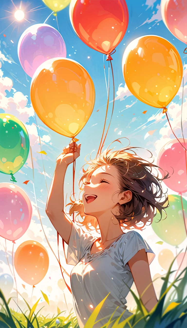 green field, cloud, girl, lots of balloons, happy, perfect quality, (masterpiece: 1.2) (realistic: 1.2) (bokeh) (best quality) (sensitive skin: 1.3) (intricate details) (8k) (Detail Eyes) (clear focus),