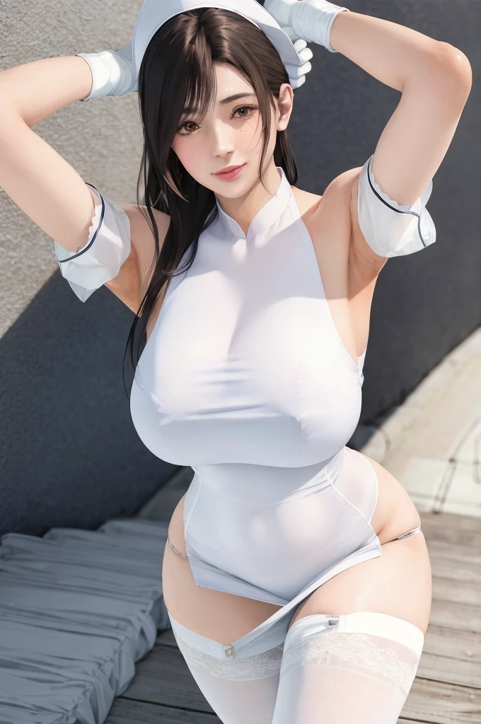 sayuri, 1girl, white nurse outfit, gloves, skirt, white pantyhose, beautiful, masterpiece, hospital