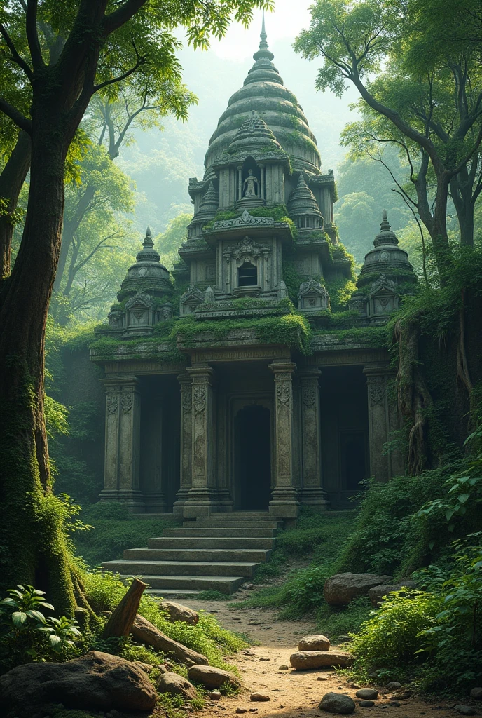 Create some ancient rains of temple in jungle old india 