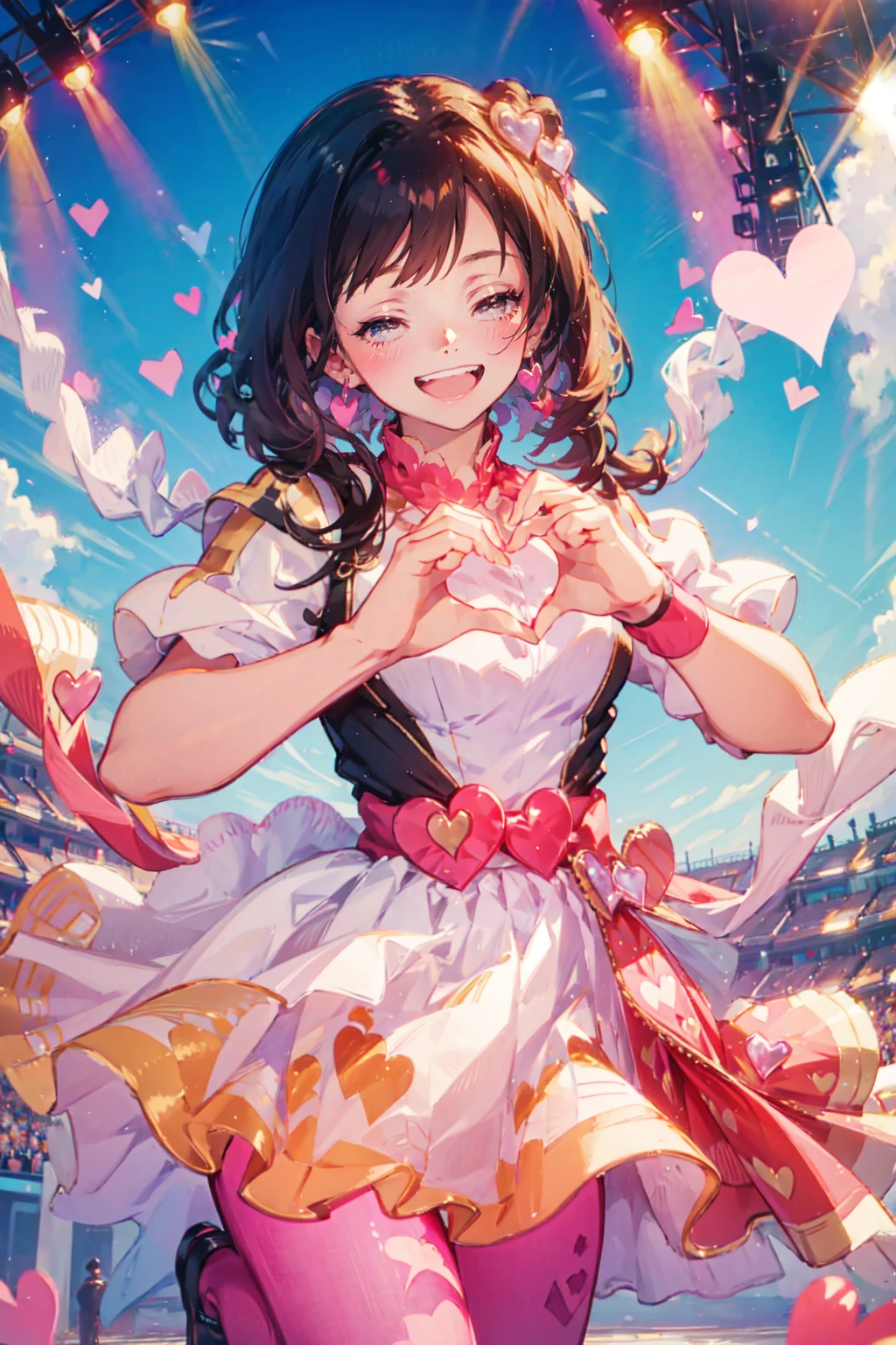 (heart hands, own hands together:1),1female,dress,idol, smile, happy, Jeggings