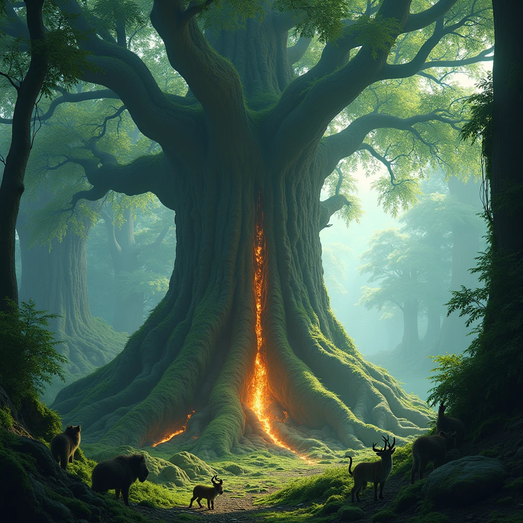 
A massive, ancient tree deep in an untamed forest, with roots stretching far and wide, its bark glowing with a mystical light. Wild creatures of all kinds gather around, drawn to the wild, primal energy that pulses from its heart. (high resolution, ultra detailed, 8K, photorealistic, dynamic lighting, cinematic composition, mystical atmosphere)
