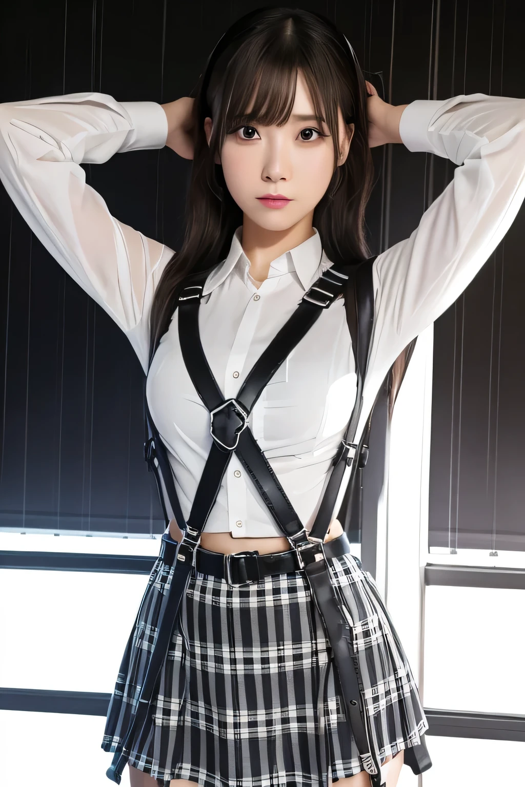 1 female, , high quality, masterpiece, Ultra-high resolution, Cinema Lighting, 1 female, , high quality, masterpiece, Ultra-high resolution, , Cinema Lighting, suspenders Moderate breasts Small face Looking up Sweat Thin belt buzzer 脇Sweat garter belt Belt on pants holster Hands behind your back Looking up Anxious face Knee-high Knee socks Knee-highソックス garter ふとももにgarter belt Checkered mini skirt Panty shot Skirt gap Armament holster holster Hands behind your back Anxious expression Anxious face, legs apart Armament Leg Holster holster See-through clothing heavy rain Rain-soaked dress shirt,Moderate breasts ガーターbelt suspenders Garter on the thigh Checkered mini skirt Looking up Pause belt Armpit sweat Hands behind back Raise your hands