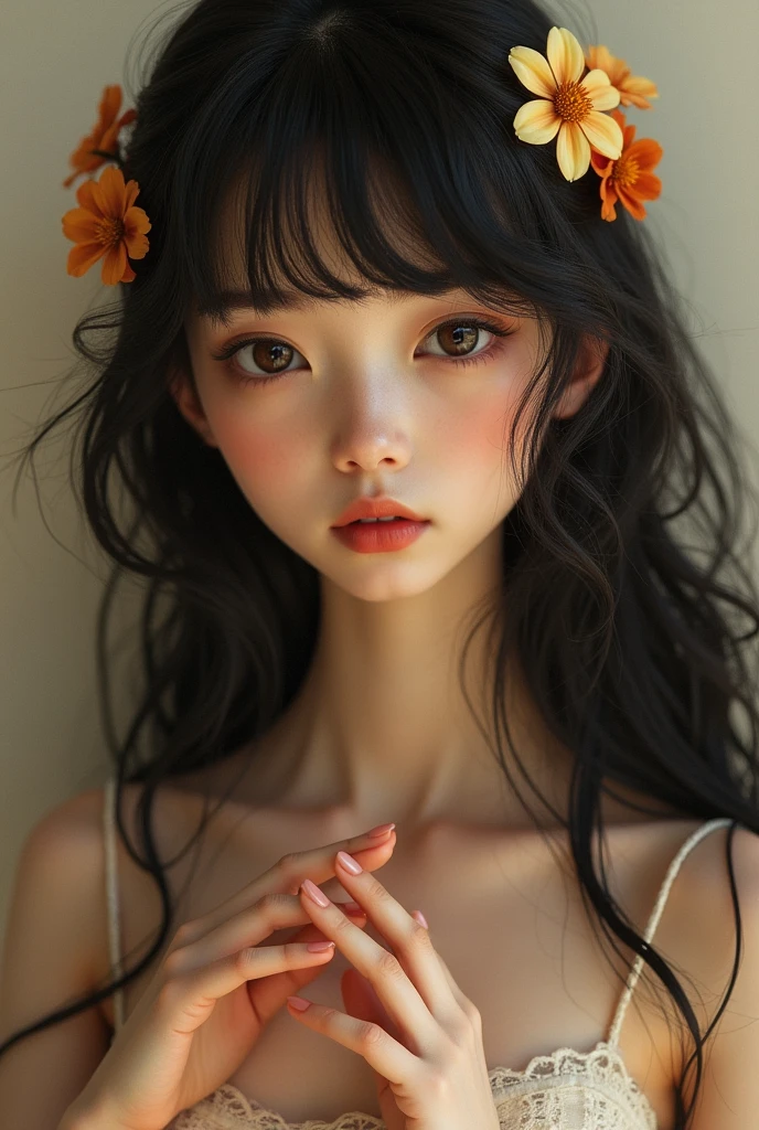 Side-swept bangs, very long slightly curled honey black hair, thin and slender body, insanely realistic and detailed bright brown eyes that are surreal, warm and light skin, elegantly adorned with flowers, soft and gentle face, dull rosy cheeks, five fingers on each hand, two hands, two feet.