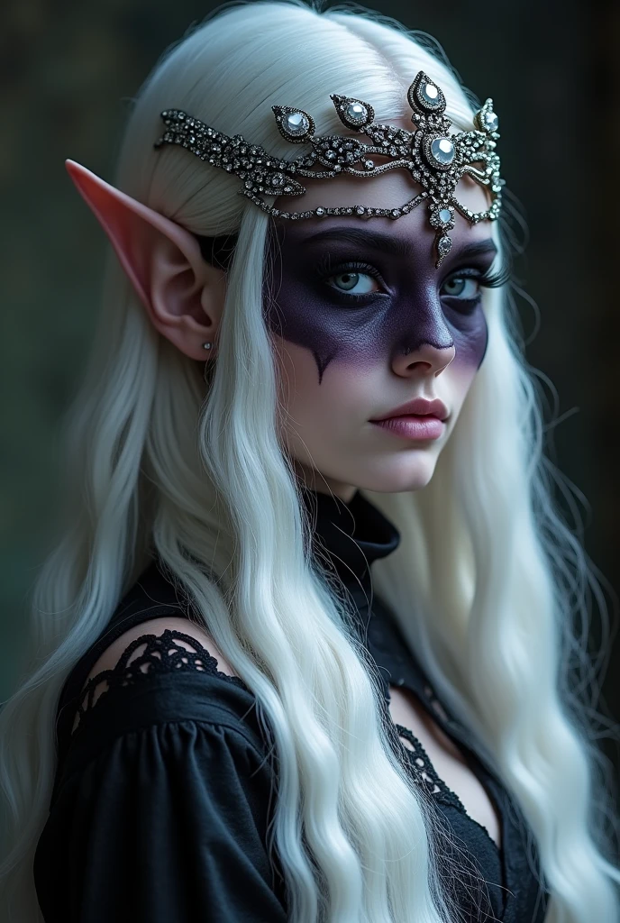 high quality photo single exposure of {an elf, silver straight long hair, dark_purple skin, lilac eyes, black eyeliner, crystal tiara}, tulle(half_upper_face)mask, seducing expression, detailed, multi braided, cinematic shot, upper torso close up, drop down silver black royal suit, left angle shot, left view