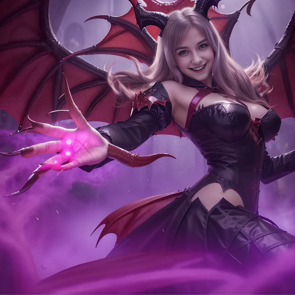 a gorgeous 10 year-old girl, vampire girl, dragon wings, evil smile, extremely detailed, 4k, perfect face