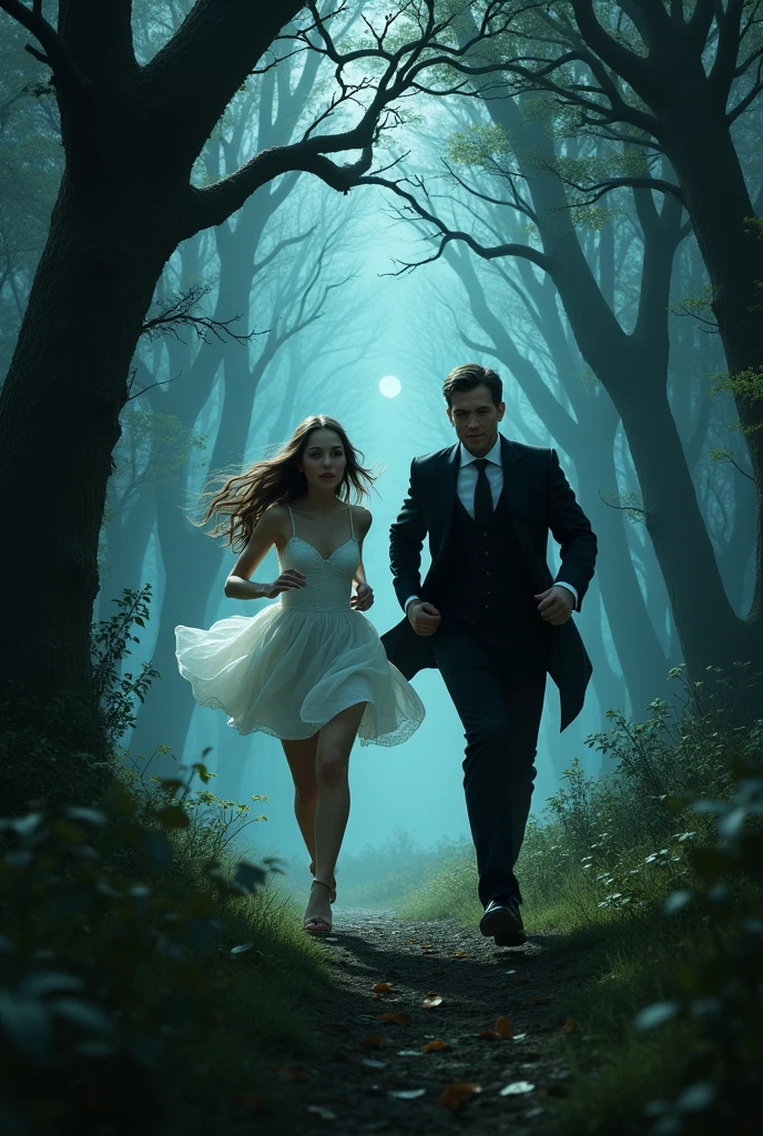 A beautiful girl in white short dress,scared to save her life, running in a dark beautiful forest, a tall handsome vampire in a black suit runing behind her to catch her,