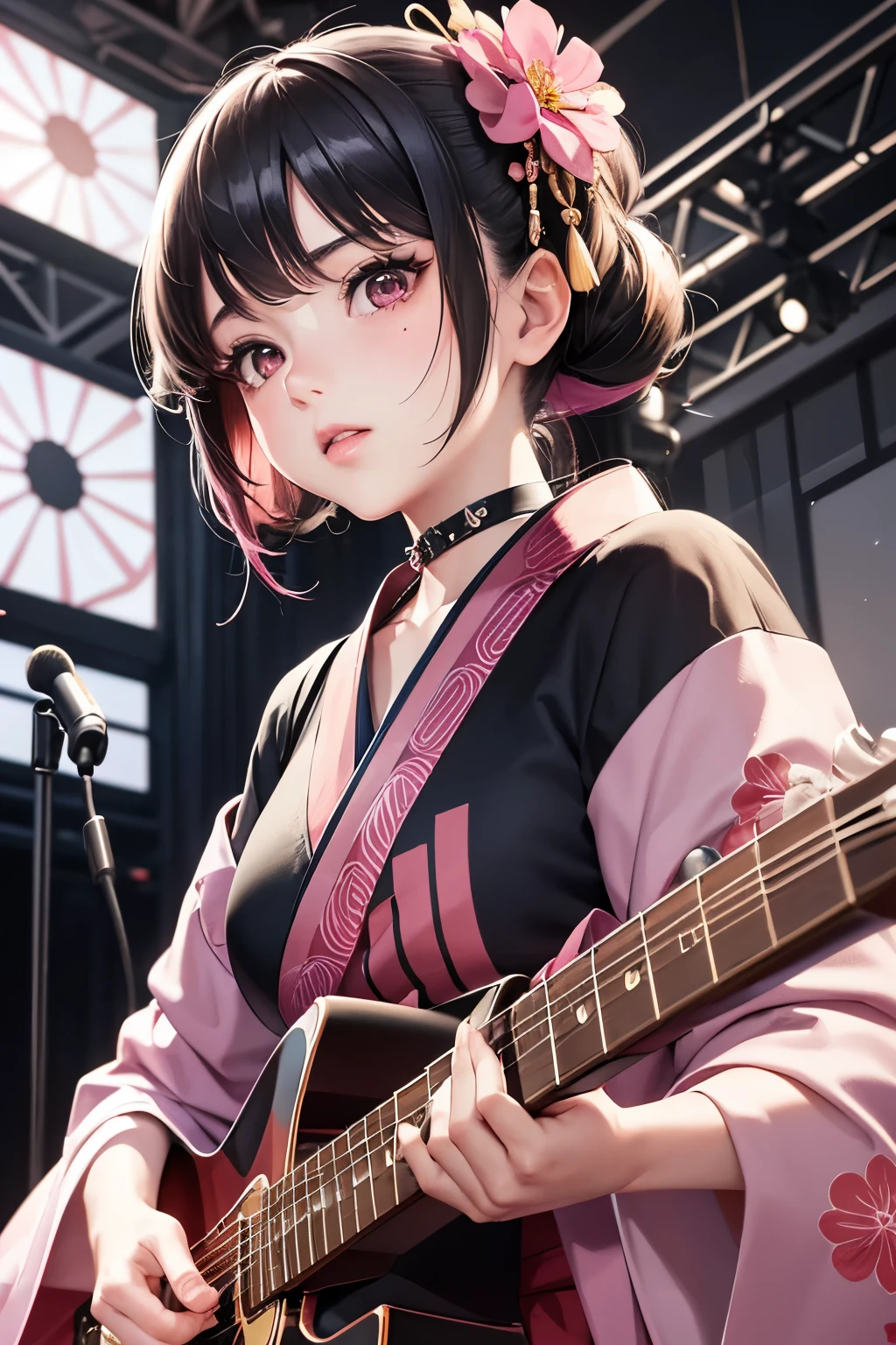 masterpiece, best quality, very detailed, high resolution, expensive resolution, high resolution, 4K, 8k, Unity 8k wallpaper, highly detailed CG, masterpiece, 2D, 3D, beautiful details, depth, fine texture, best quality: 1.3, perfect focus, crispy skin, he,
Very cute anime girl, girl playing guitar vocals in a band wearing a Japanese fancy floral haori hakama, on outdoor stage, full body, expensive pink and black short twin tail hair, mole under eye, looking at the viewer, expensive, blush, mole, lips open, , heart choker, pink eyes, guitar vocals, stage