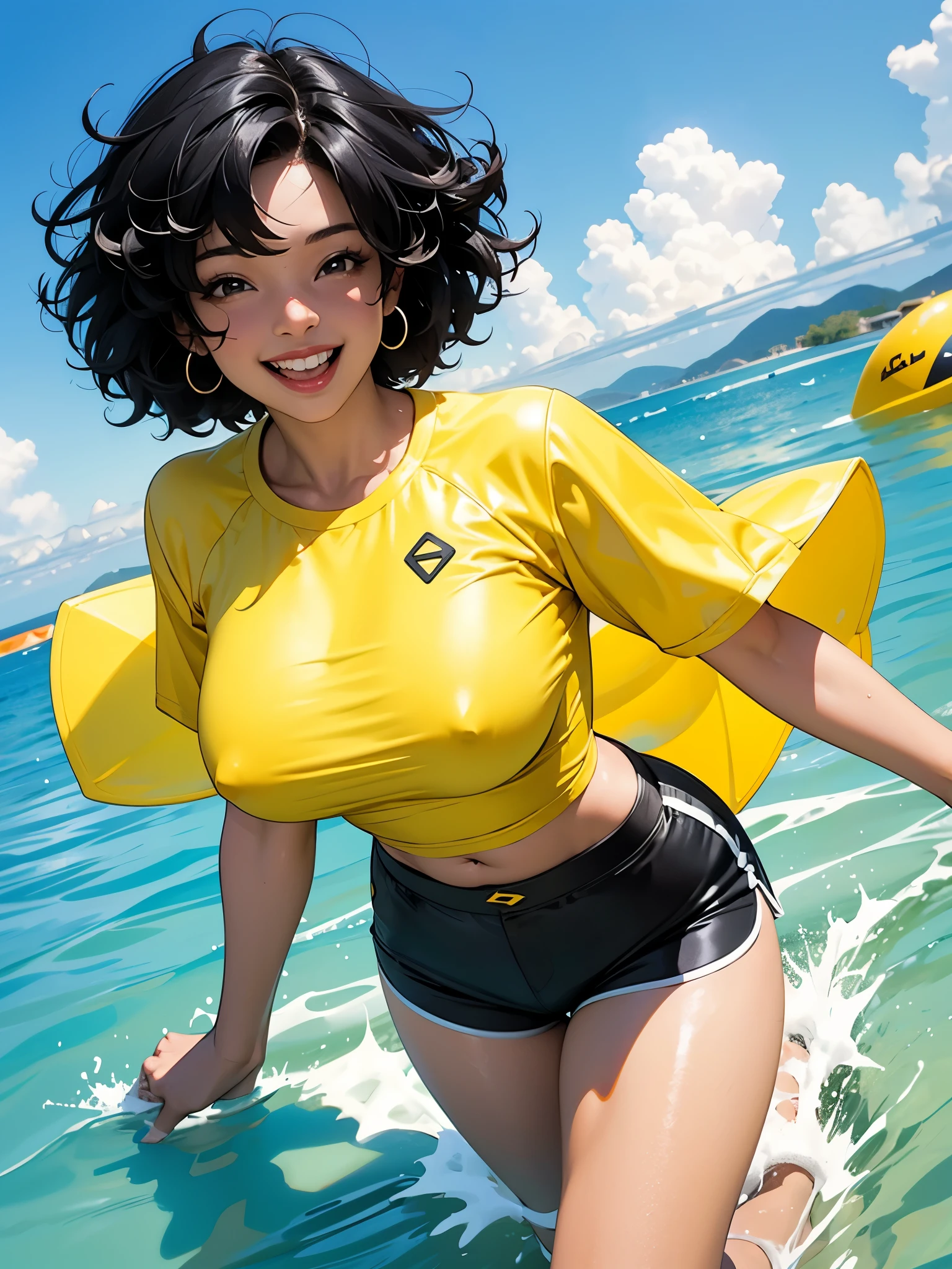 A cheerful Black woman with a big, bright smile and short curly hair laughing in the water. She is wearing a yellow rash guard and matching shorts.huge boobs. she is walking.