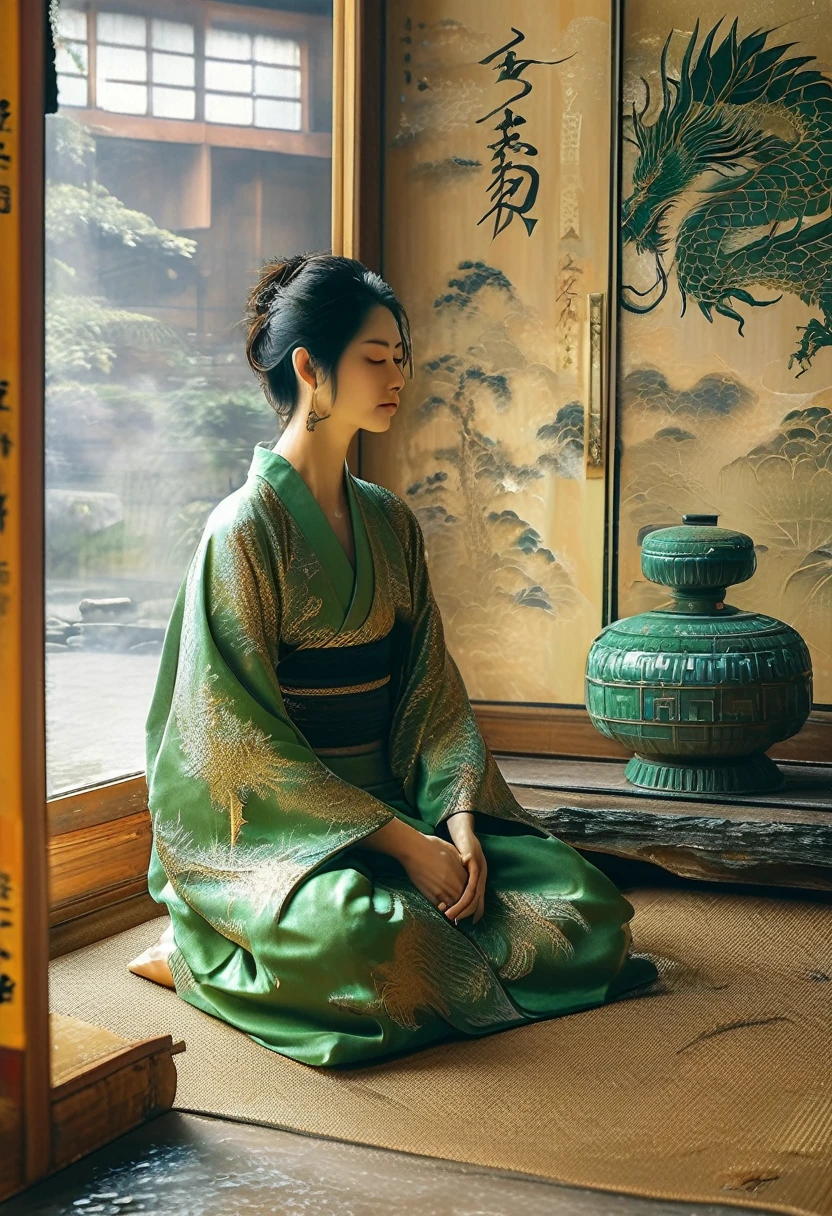 A Japanese-inspired scene with a mystical atmosphere. A serene woman dressed in traditional green and gold kimono is seated with her eyes closed in meditation. Behind her, a large, menacing green dragon with detailed scales looms, wrapping itself around her protectively. The setting is a traditional Japanese room with wooden sliding doors. The image conveys a blend of calmness and power, with an ethereal and ancient ambiance.