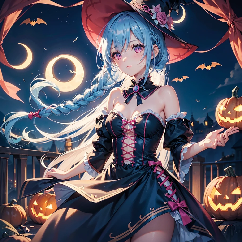 (Sky Blue Hair),(Braided medium hair:1.2), (Pink Eyes),Fair skin) ,(whole body),(One Girl),(Crescent Moon),(There are many pumpkin ghosts in the background),(If you don't give me sweets, I'll be mischievous.),Halloween Night Party),(masterpiece, Highest quality, Very detailed, Best Shadow), (Detailed Background), (Beautifully detailed face), High Contrast, (Best lighting, Very delicate and beautiful), ((Cinematic Light)), Hyper Detail,8k, Dramatic Light, Intricate details,Cute witch clothes,night,Bats flying in the background,