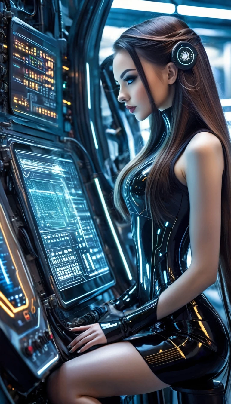sexy girl with long hair and a futuristic appearance controls the control panel of a convoluted futuristic industrial machinery