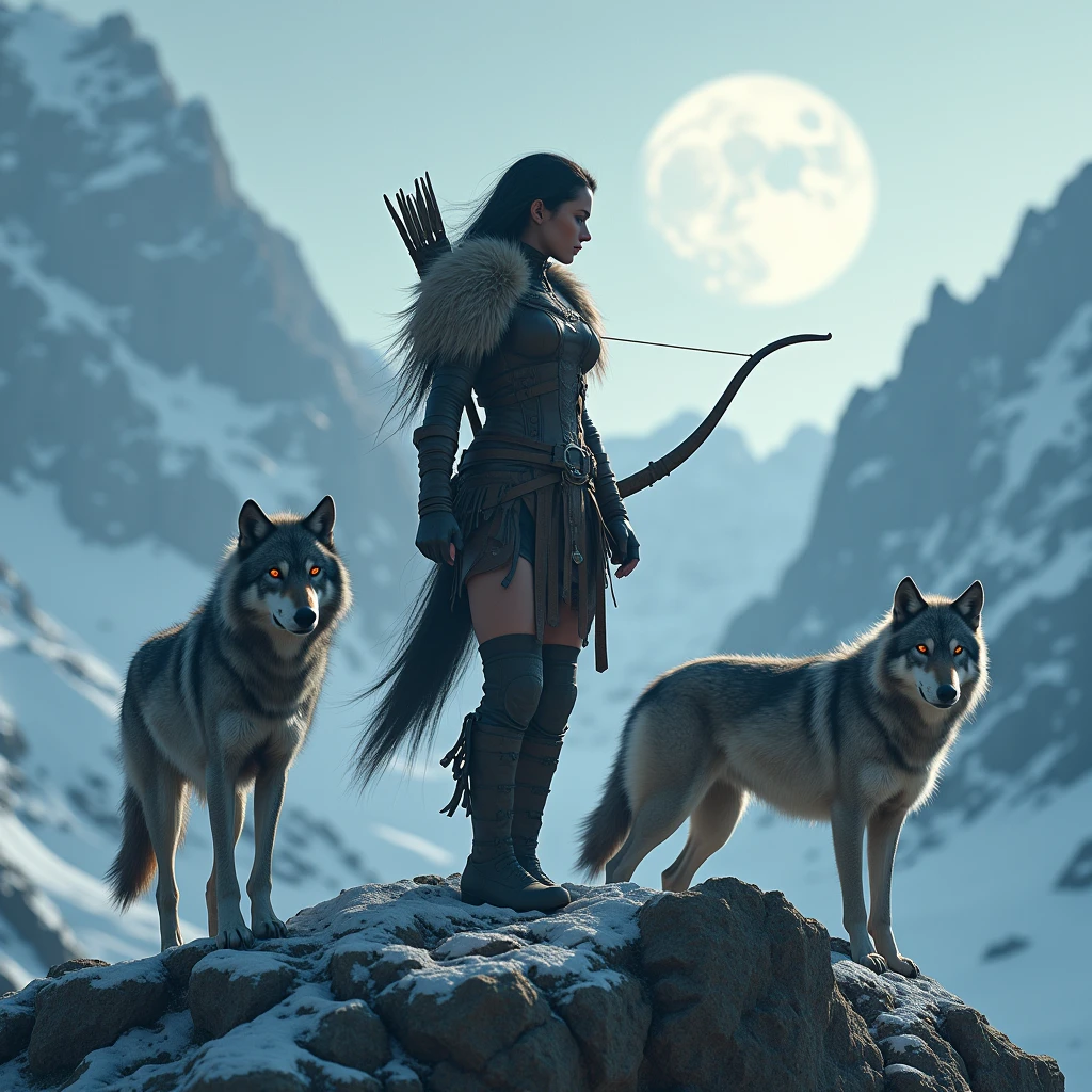 
A fierce, wild huntress standing atop a mountain peak, bow in hand, surrounded by a pack of wild wolves. The wind howls through the mountains, and the moonlight casts a silver glow over the rugged landscape. She is the embodiment of untamed wilderness. (masterpiece, ultra detailed, 8K, high resolution, dynamic pose, photorealistic, cinematic lighting)