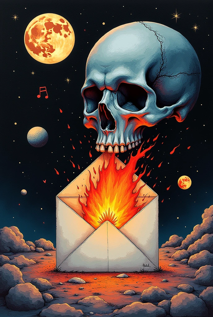 high resolution, high quality , masterpiece .Surrealist ink painting，Colorful, Ross Chen (ross tran) Absurd elements of style，Featuring a burning envelope，Refers to Robbie Dewi Antono (Roby Dwi Antono), letter, Broken hearts, skull, And the treble clef rising into the stars, The chiaroscuro lighting enhances the symbolism of passing away, A round of the moon，With a pair of melancholy eyes, Atmosphere.