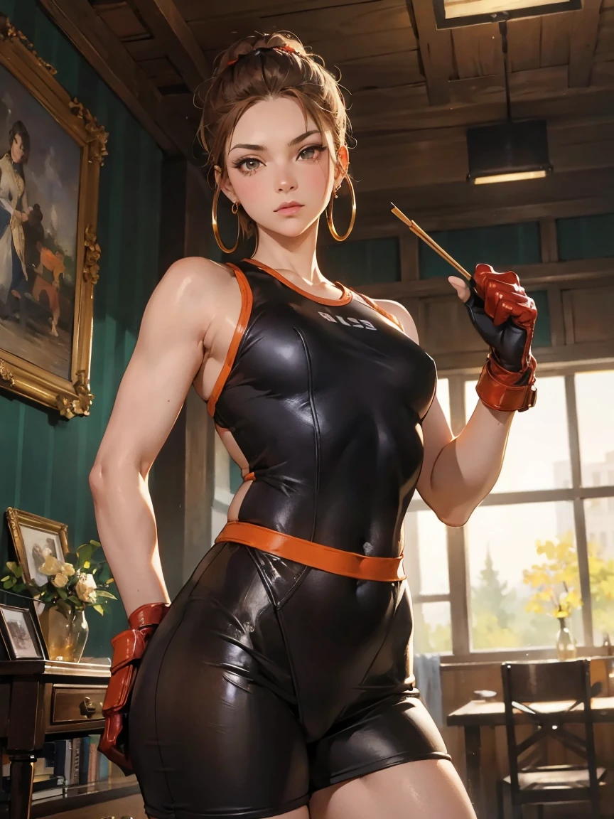 Carla is of Chinese descent and has a medium complexion, light-brown eyes and red hair that's tied into a bun and held in place by 6 dark gold hair sticks, and accessorizes with small gold hoop earrings. True to her nickname she has a red dragon tattoo on her right shoulder blade. she wears a brown leather body biker suit with matching gloves, boots and biker helmet. SPARKLE; GLITTER. art by (Carl Larsson:1.2),(post-Impressionist),,((oil painting)),soft lighting,COOL,cammy sf6, 1girl,solo,blonde hair, short hair,Absurd resolution, A high resolution, (tmasterpiece:1.4), ((gigantic braests)), ultra - detailed, 1girll, brown color eyes, cabelos preto e longos，Wear a police uniform and a short skirt, the city street,sexyposture, The camera is close to the body　cor vibrante, cor saturada, Colorida, 1 garota, rosto bonito, black and orange volleyball uniform, cabelo longo, cabelo ruivo, olhos dourados, indoor volleyball court background, melhor qualidade, obra de arte, pose sensual, mas confiante.