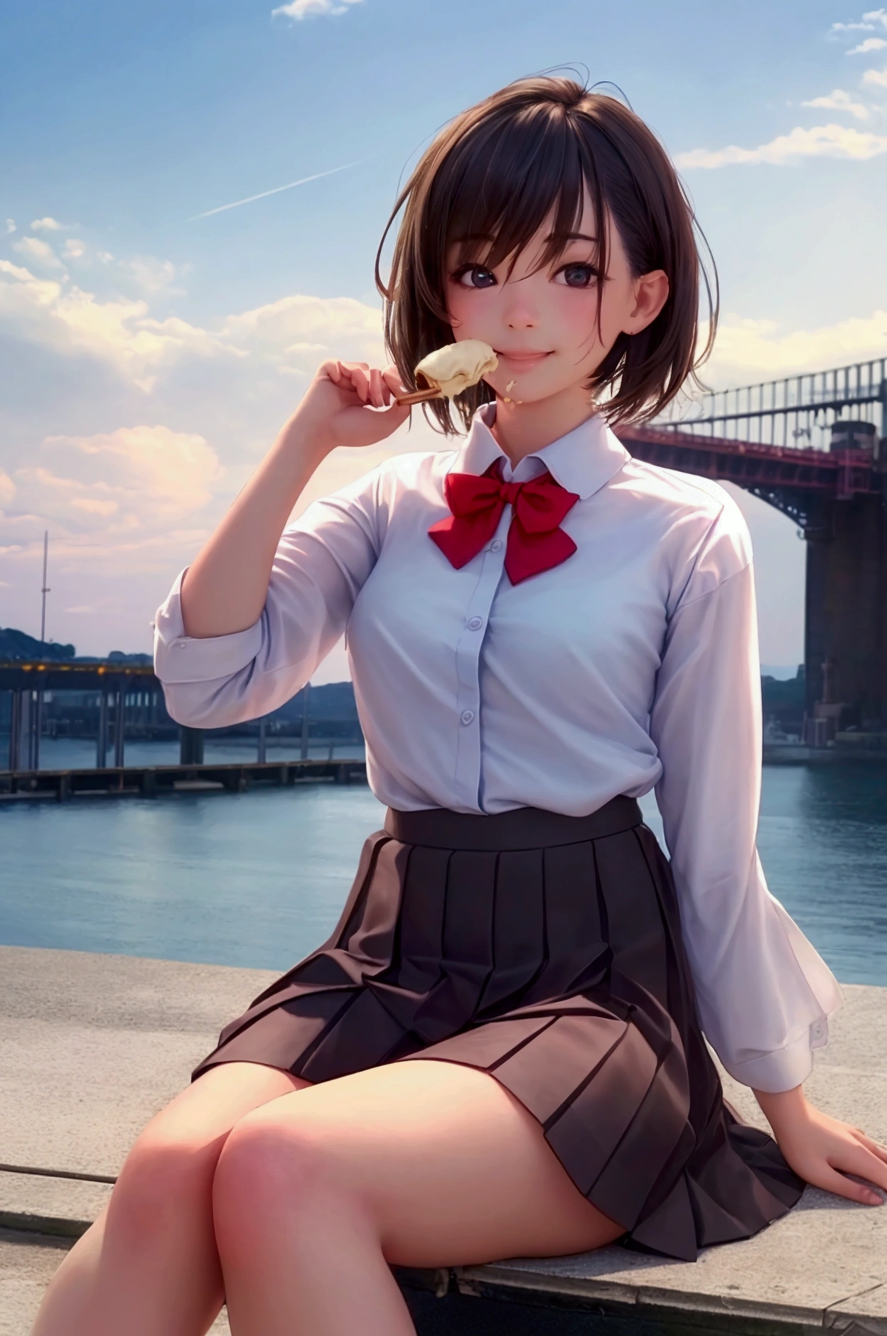 (8k, RAW Photos, Highest quality, masterpiece: 1.2), (Realistic, photo-Realistic: 1.37), Very detailed, 1 girl, cute, alone, Beautifully detailed skies, Detailed Coffee, night, Sitting, (My nose turned red), (smile: 1.1), (Mouth closed), Medium chest, Beautiful attention to detail, (Collared shirt: 1.1), bow tie, Pleated skirt, (short hair: 1.2), Long Hair, Eat a big ice cream,Angle from below、Her skirt is flipped up、White panties are slightly visible