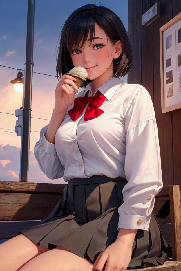 (8k, RAW Photos, Highest quality, masterpiece: 1.2), (Realistic, photo-Realistic: 1.37), Very detailed, 1 girl, cute, alone, Beautifully detailed skies, Detailed Coffee, night, Sitting, (My nose turned red), (smile: 1.1), (Mouth closed), Medium chest, Beautiful attention to detail, (Collared shirt: 1.1), bow tie, Pleated skirt, (short hair: 1.2), Long Hair, Eat a big ice cream,Angle from below、Her skirt is flipped up、White panties are slightly visible