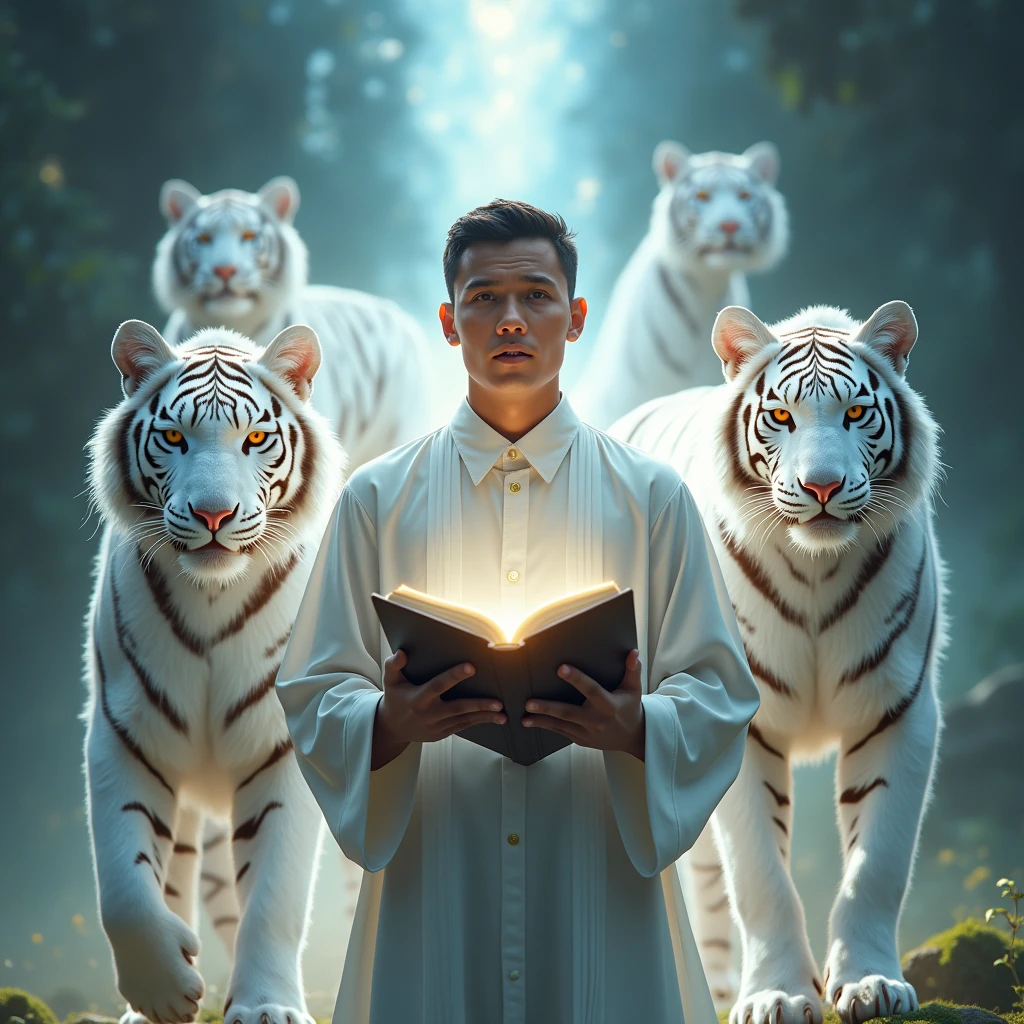 young Indonesian man preaching holding the Quran with divine light surrounding him along with several shining white tigers 