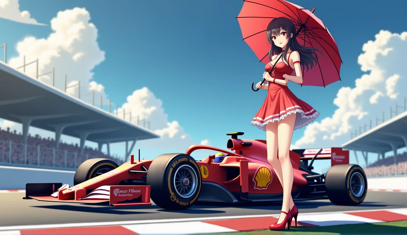 F1 Race Circuit。One young Japanese race queen。Standing with a parasol in front of a race car。The costume you're wearing、separate。I have a bangle on my arm。Background、Sparkling in the summer sun。Anime Style。Looking from afar。Beautiful legs are attractive。whole body。Wearing high heels