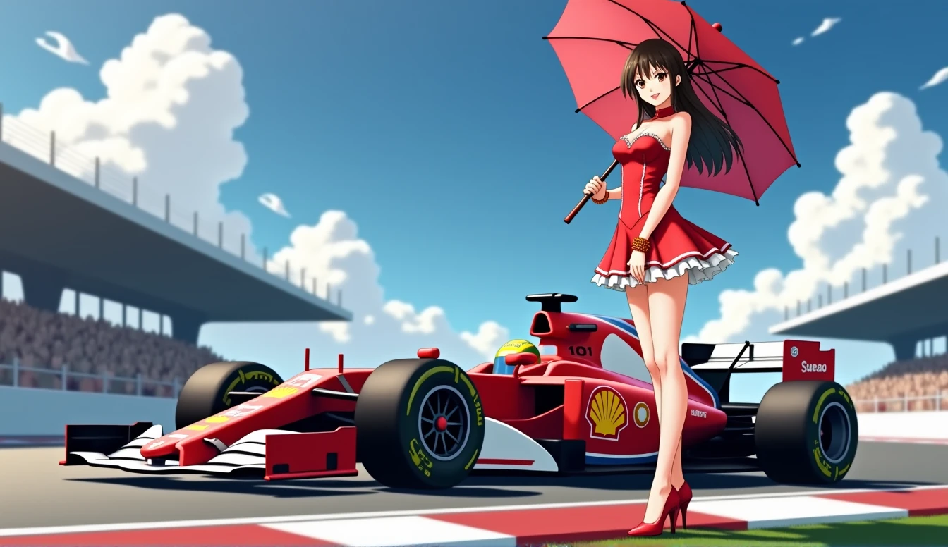 F1 Race Circuit。One young Japanese race queen。Standing with a parasol in front of a race car。The costume you're wearing、separate。I have a bangle on my arm。Background、Sparkling in the summer sun。Anime Style。Looking from afar。Beautiful legs are attractive。whole body。Wearing high heels