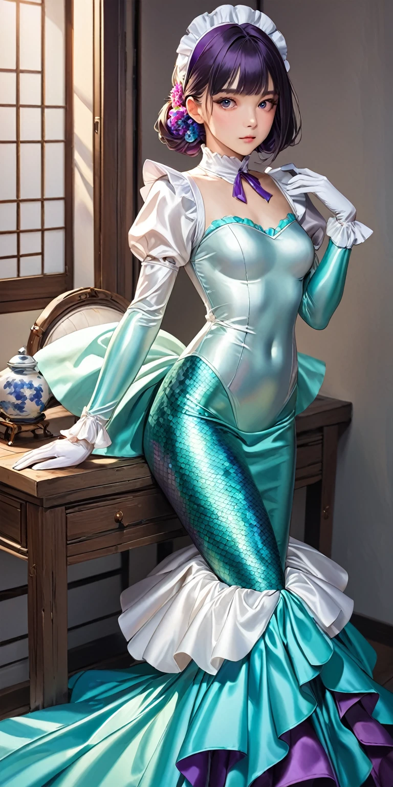 Portraiture、(masterpiece,Highest quality,Ultra-high resolution),Japanese women, Bob Hair、(((Very beautiful 25 year old girl)))、(She is wearing a shiny colorful satin long sleeve maid outfit..)、The dress has a simple design without any patterns....、(((A long mermaid-style skirt made of satin.)))、Satin gloves、((Satin bodysuit))、