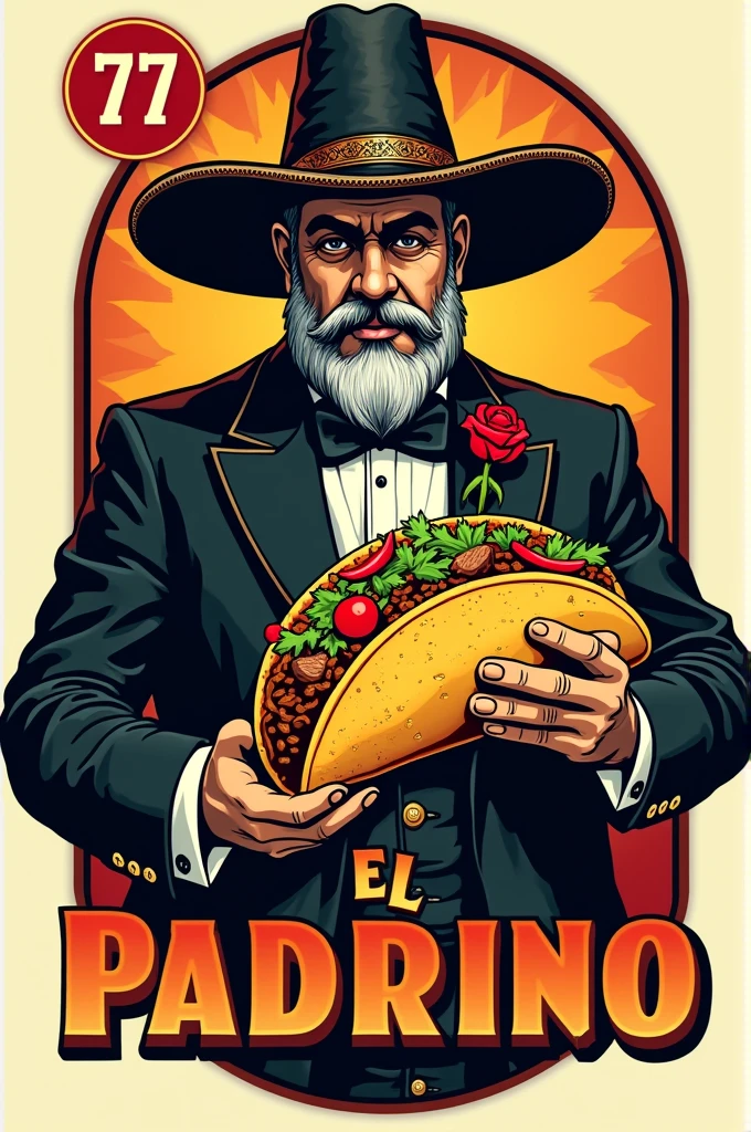 Taqueria Logo A godfather holding a taco al pastor with Mexican loteria style and number 77 Change the word taqueria to 'El Padrino' and the number 77 in the upper left corner