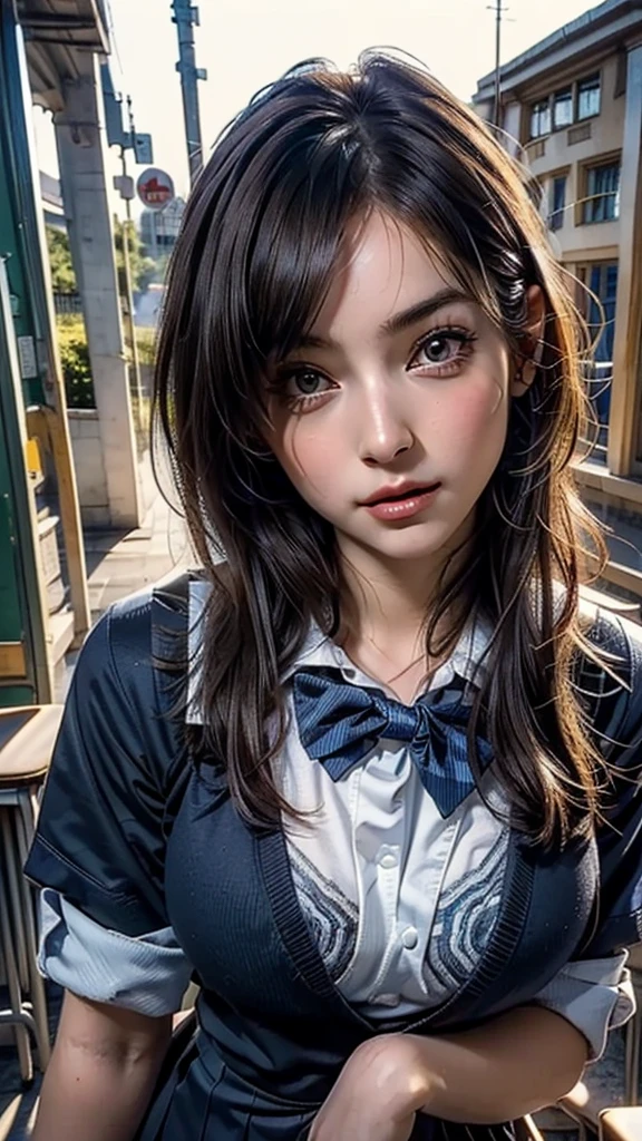 ((Beautiful Face:1.4)), Half Body,(Surreal), (8k), (Very detailed), (Beautiful attention to detail), (Highest quality), (Very detailed), (masterpiece), (wallpaper), (Detailed face), alone, 1 girl, ((school uniform:1.8)), Looking at the audience, Exquisite detail, Detailed faces, ,((Pure Erotic Face Ace:1.2)),((Natural big breasts:1.2))