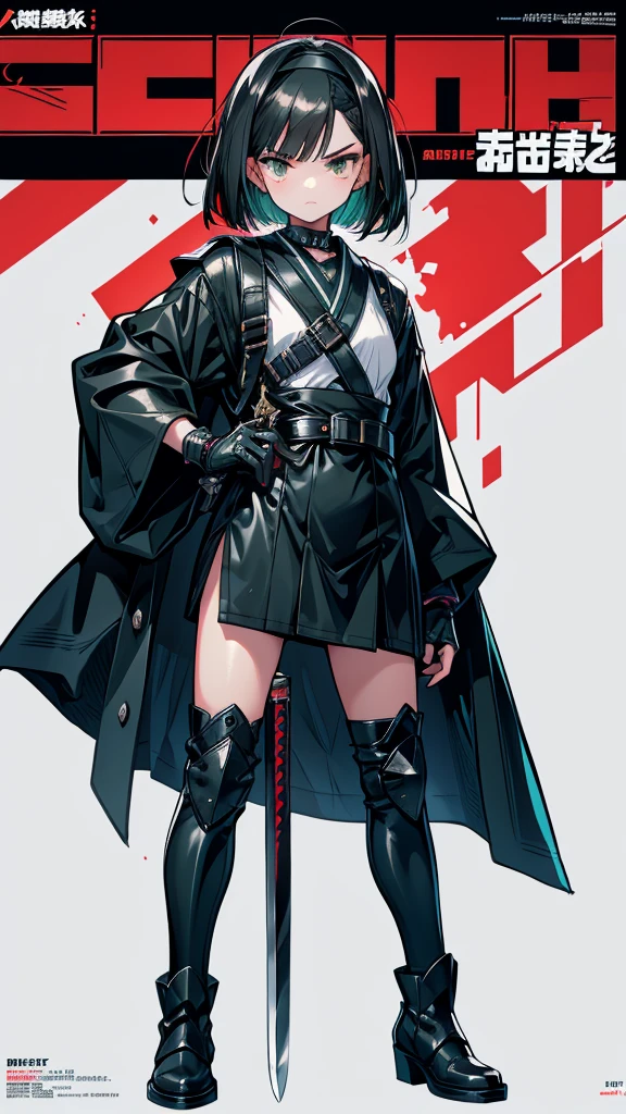 Magazine Cover mature Bobcut Black Hair Narrow eyes Glaring at me Glare frivolous attitude Black Sailor Suit armor Put a headband around your forehead Handguard gloves Black boots Holding the Japan sword battlefield green