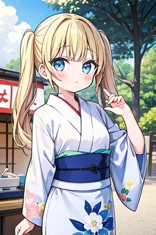 Highest quality,masterpiece,cute,One girl,Twin tails,Blonde,Blue Eyes,Japanese Yukata,Summer festival,stall,