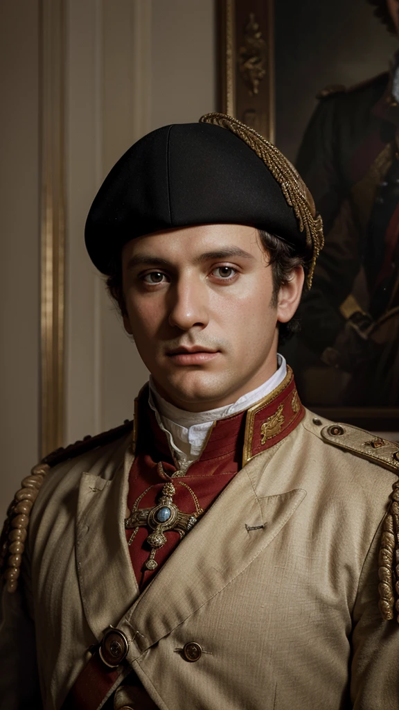 A portrait of Napoleon Bonaparte with a surprised expression, realistic painting style, historical setting, detailed facial features, classic French military uniform, 18th-century European background, warm lighting