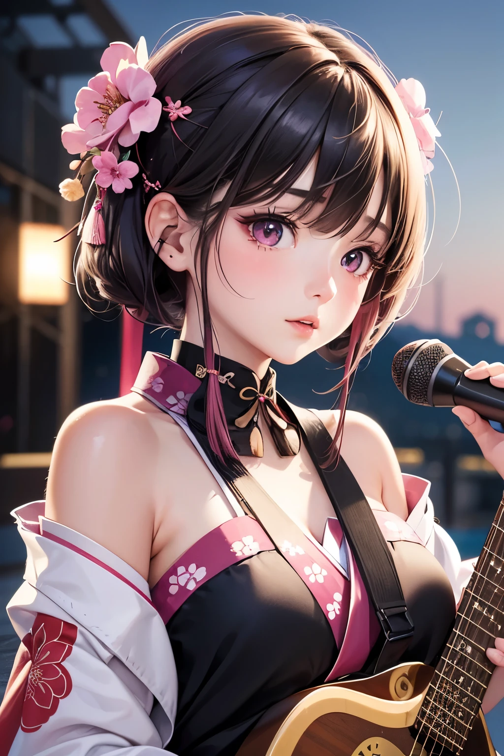 masterpiece, best quality, very detailed, high resolution, expensive resolution, high resolution, 4K, 8k, Unity 8k wallpaper, highly detailed CG, masterpiece, 2D, 3D, beautiful details, depth, fine texture, best quality: 1.3, perfect focus, crispy skin, he,
Very cute anime girl, girl playing guitar vocals in a band wearing a Japanese fancy floral haori hakama, on outdoor stage, full body, expensive pink and black short twin tail hair, mole under eye, looking at the viewer, expensive, blush, mole, lips open, , heart choker, pink eyes, guitar vocals, stage