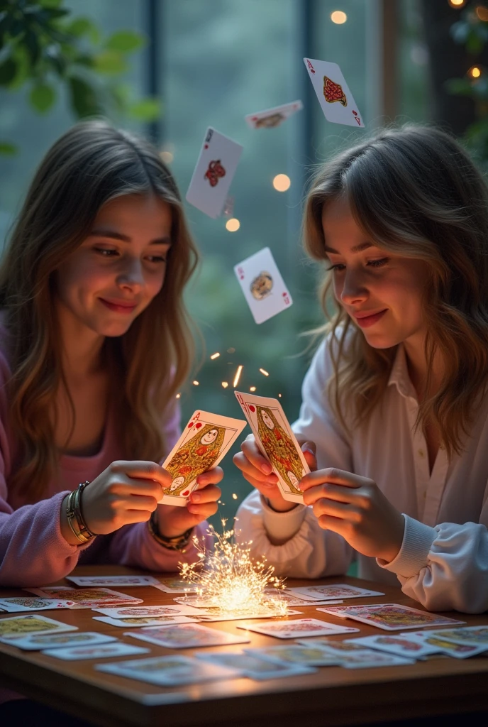 two girls play magic cards game on table, they summon two female magician, (two female magician fighting), many magic cards flying in sky, magic cards have photo on them, magic cards holding in all hands