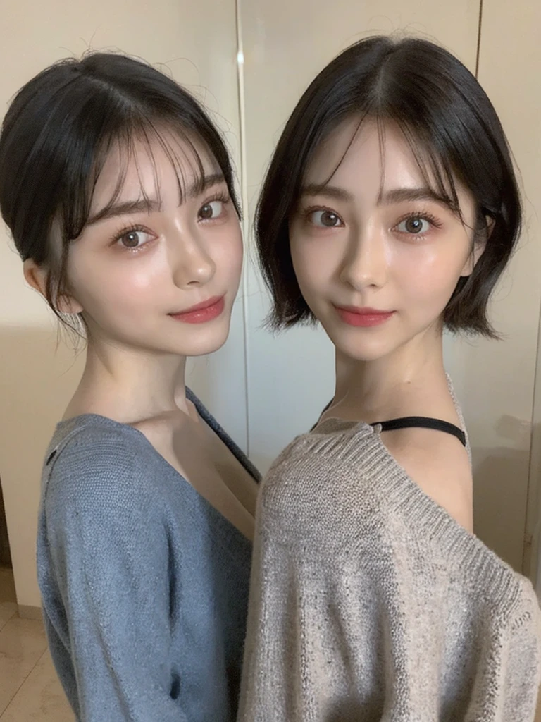 (masterpiece:1.3), (8k, Photoreal, Raw photo, best image quality: 1.4), Japanese high school girl、(random hairstyle:1.2)、cleavage:1.5、super detail face、eye for details、double eyelid、chest to chest、sharp focus:1.2、Beautiful woman:1.4、light brown hair、highest quality、masterpiece、超A high resolution、(Photoreal:1.4)、Highly detailed and professionally lit smiles、loose and light knitwear、shoulder out、thin、serious expression、short haired、deadly position
similar identical twins
All the girls have the exact same face, The two have the same face and figure, as if they were mirror images.