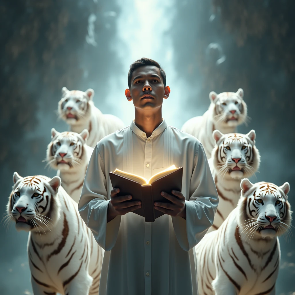 young Indonesian man preaching holding the Quran with divine light surrounding him along with several shining white tigers