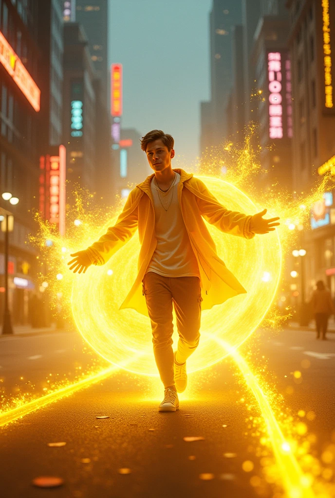 Create a young male character in the city with yellow light powers