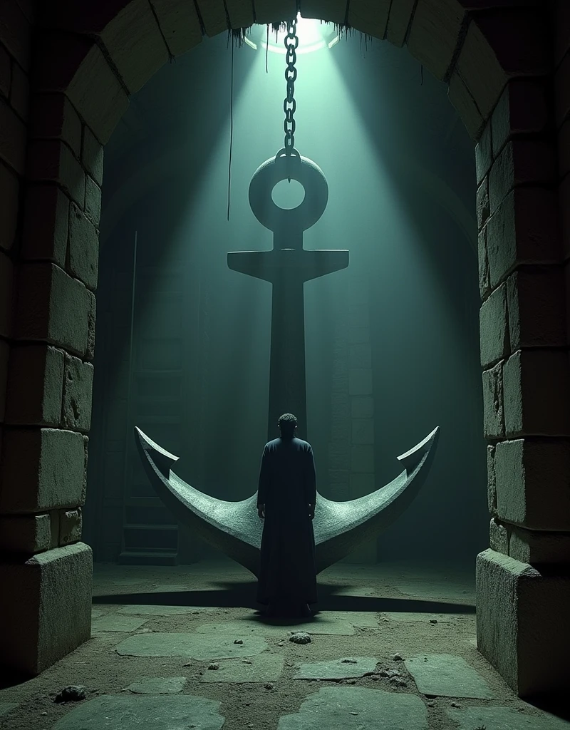 American horror film, based on the novel by Edgar Allan Poe, "The Pit and the Pendulum" (1961), Vincent Price, in a secret room hidden deep beneath an old castle, a huge anchor-shaped pendulum with a steel blade swings back and forth slowly approaching. Dynamic composition with movement,