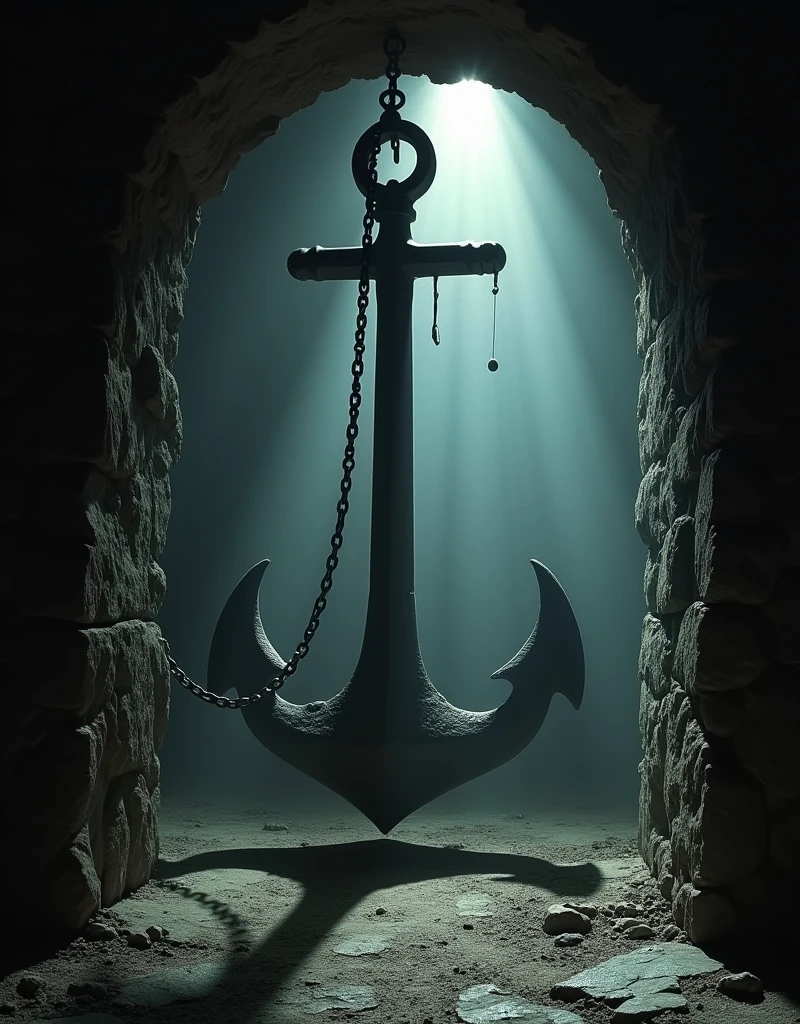 American horror film, based on the novel by Edgar Allan Poe, "The Pit and the Pendulum" (1961), Vincent Price, in a secret room hidden deep beneath an old castle, a huge anchor-shaped pendulum with a steel blade swings back and forth slowly approaching. Dynamic composition with movement,