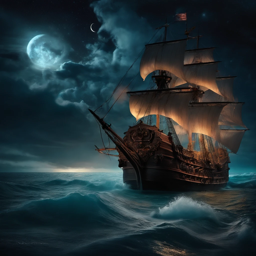 Ocean at night lit well by star and moon light coming through cloud, on a Caravel being attack by a large squid with tentacles wrapped around the ship