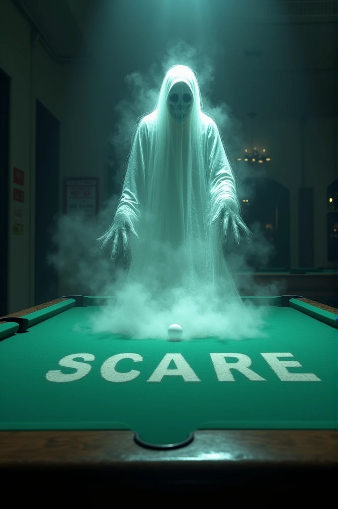 Ghost on pool table, with the name scare in the image 